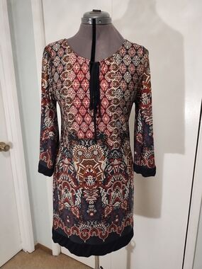 Boho 3/4 Bell Sleeve Tunic Dress in Red and Navy, L
